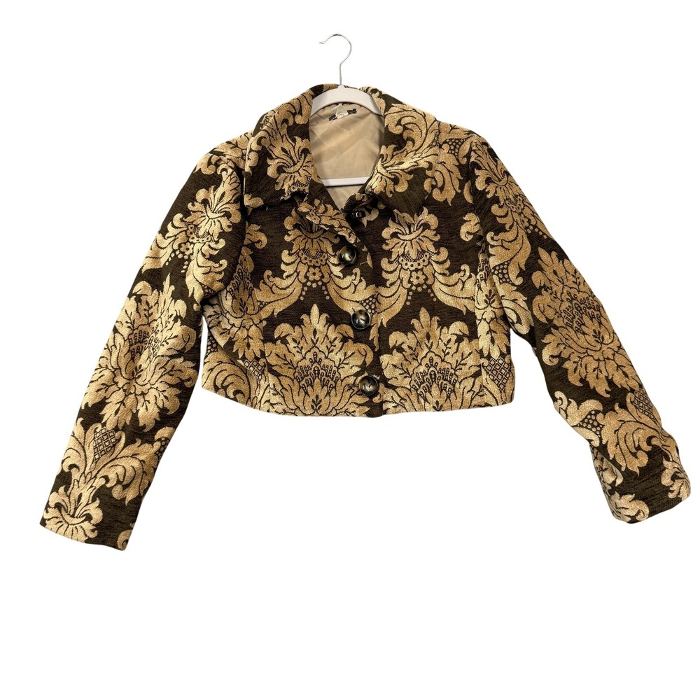 H Fredriksson Jacket Womens Small Brown Floral Brocade Button Cropped‎ Made USA